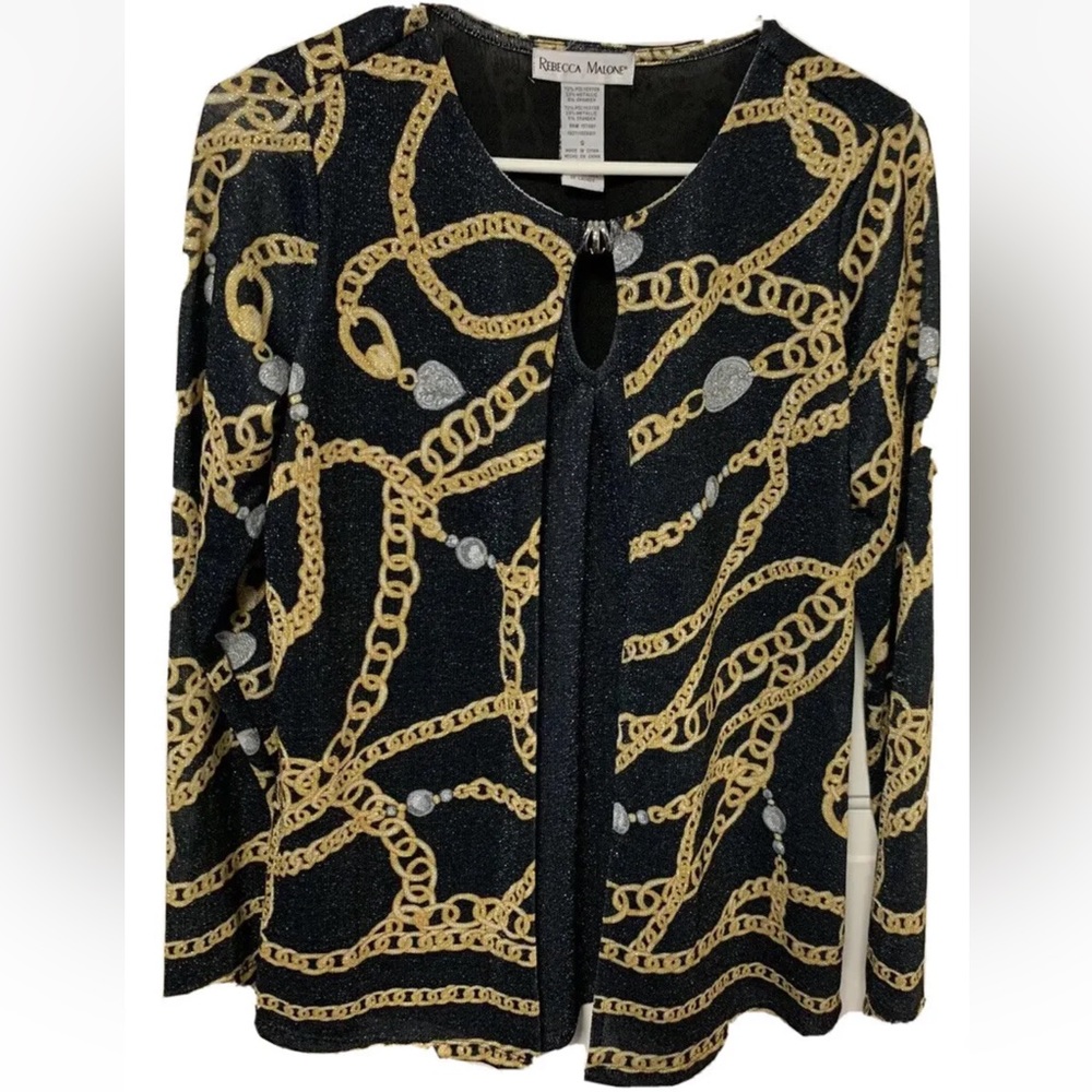 Rebecca Malone Shimmery Black and Gold Two-fer 1 look Holiday Dressy Top Sz S